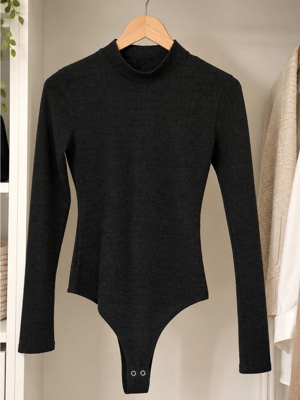 Sara Black Long-Sleeve Mock Neck Textured Bodysuit